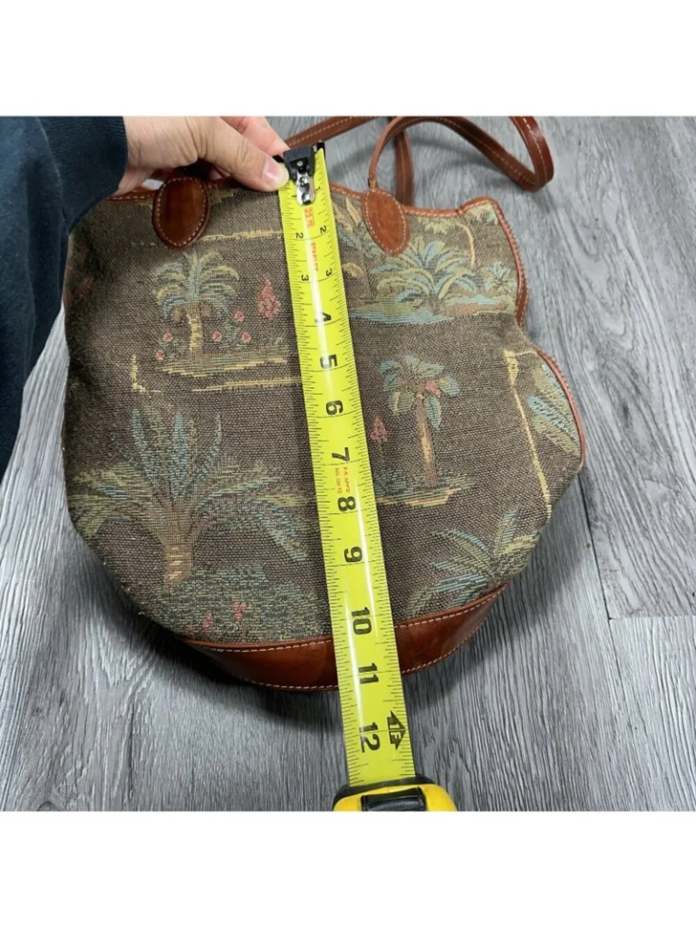 Tommy Bahama Vintage Handmade Tropical Palm Trees Canvas Round Leather Bag